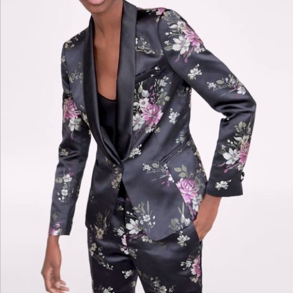 Zara Floral Print Satin Blazer Black/Pink Size XL NEW - Picture 6 of 6